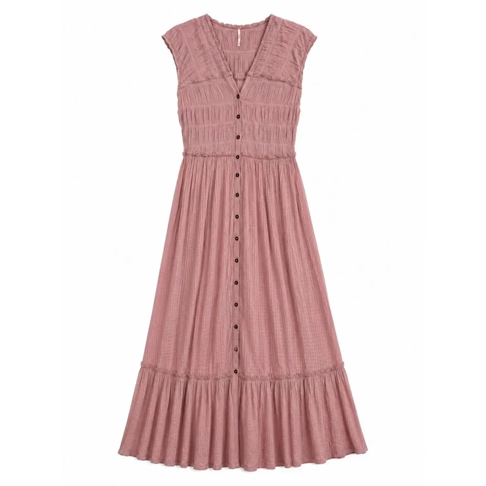 Free People Midi Dress Sz Medium Desert Dazed Pink Cotton Short Sleeve Smocked - Picture 1 of 9